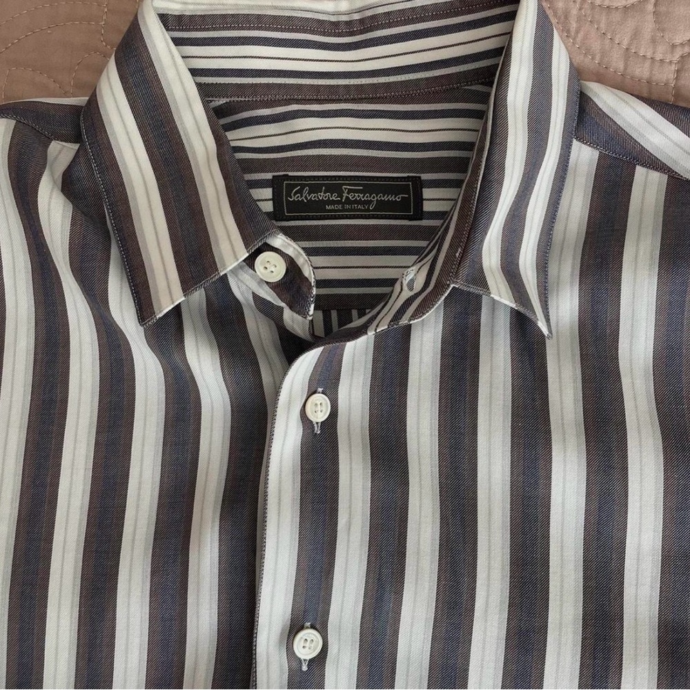 Salvatore Ferragamo Men's Shirt - Black, White, and Gray Stripes